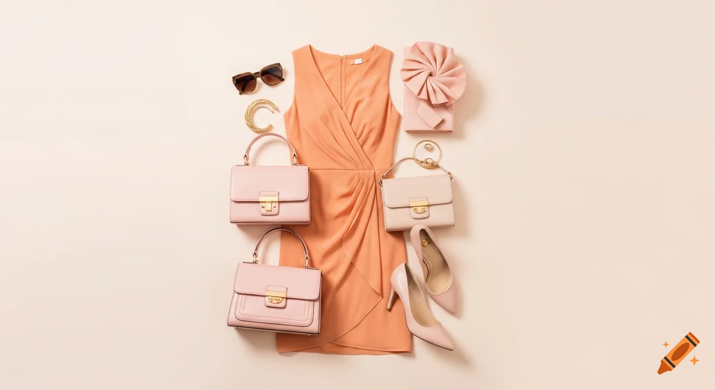 Flat lay of women's light orange dress, three light pink structured handbags, light pink high heels, sunglasses, and gold jewelry.