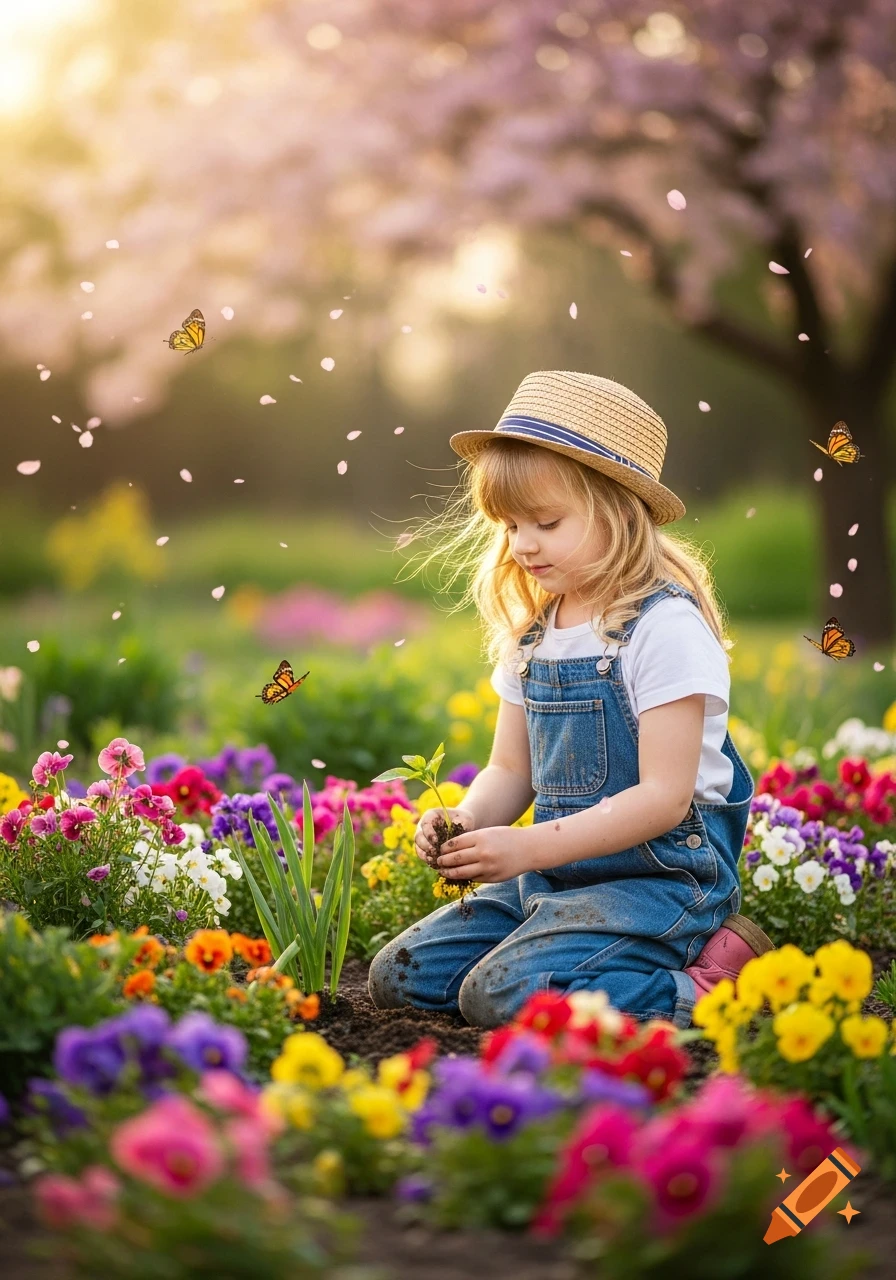 A little girl in a straw hat and overalls plants a seedling in a colorful flower garden, with butterflies and falling petals under a sunny sky.
