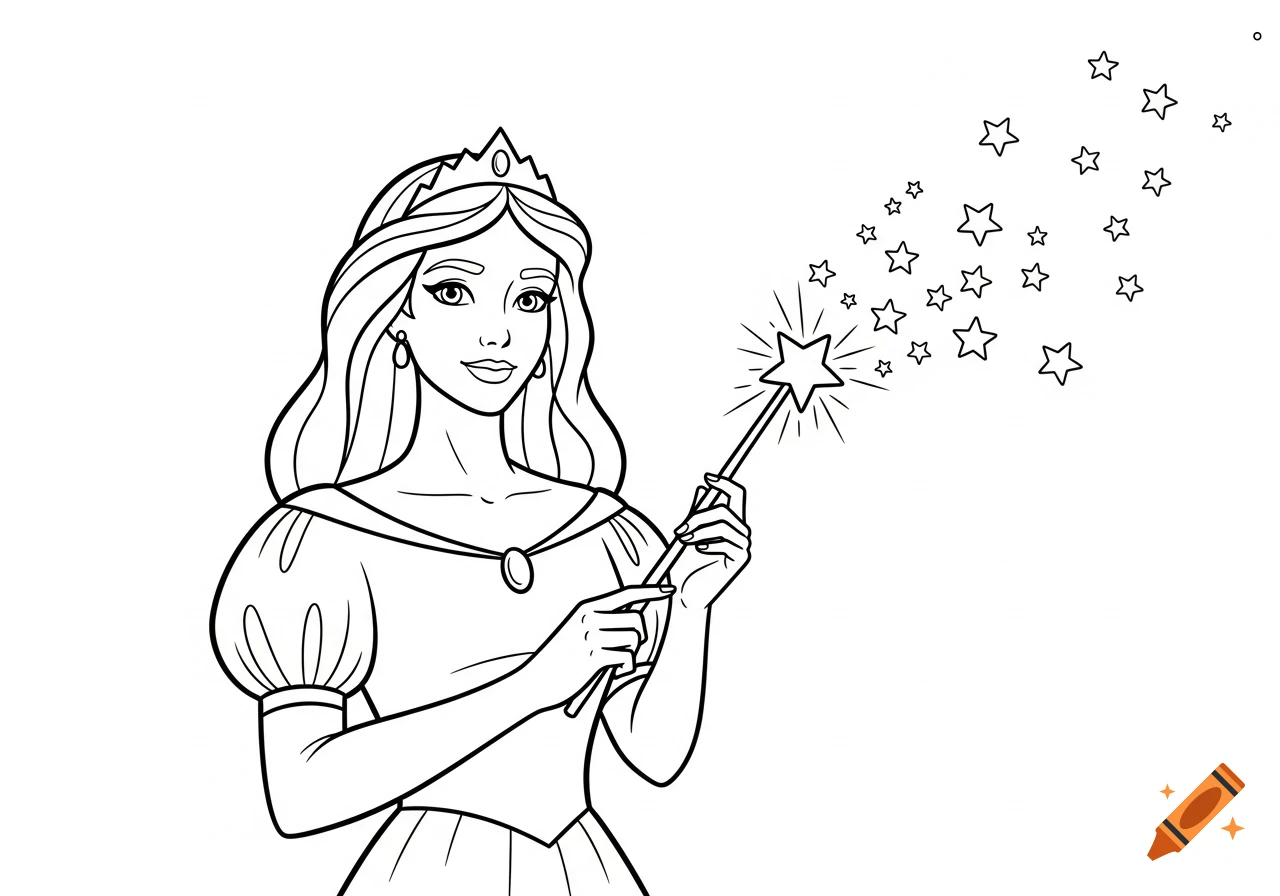 Line art of a princess with a crown and long hair, holding a magic wand from which stars float, in a coloring book style.