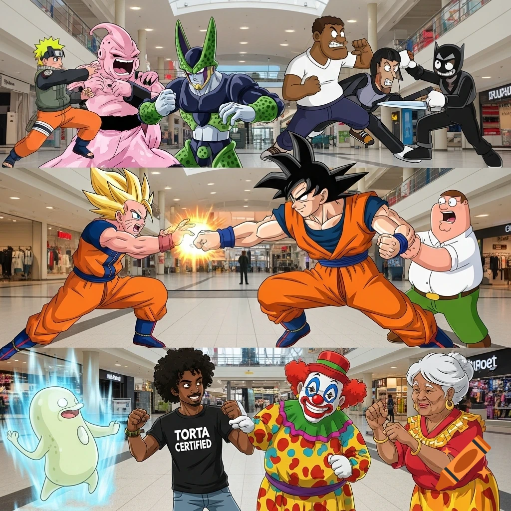 A multi-panel cartoon image of various anime and cartoon characters fighting and posing inside a shopping mall.