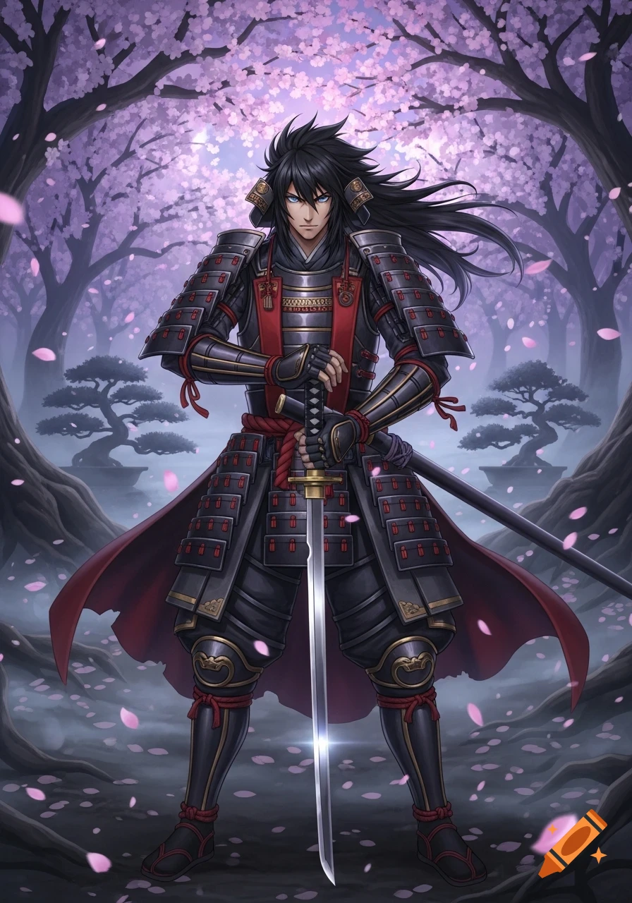 Anime male samurai warrior standing under cherry blossom trees, holding a katana.