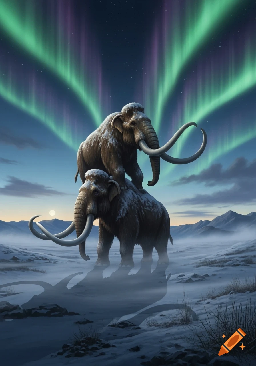 Two woolly mammoths, one atop the other, stand in a snowy arctic landscape under a sky lit by green and purple aurora.