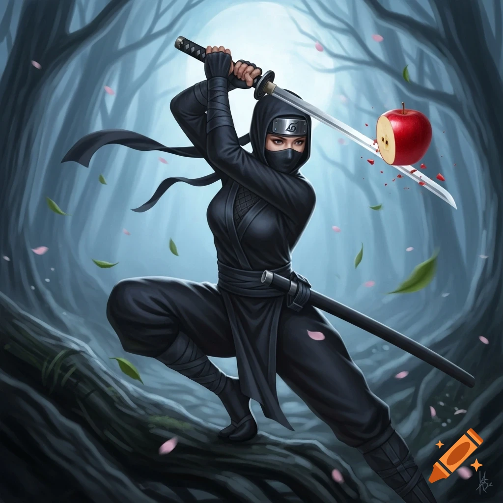 A female ninja in a dark forest, swiftly cutting a red apple in half with a katana, with pink petals and green leaves falling.