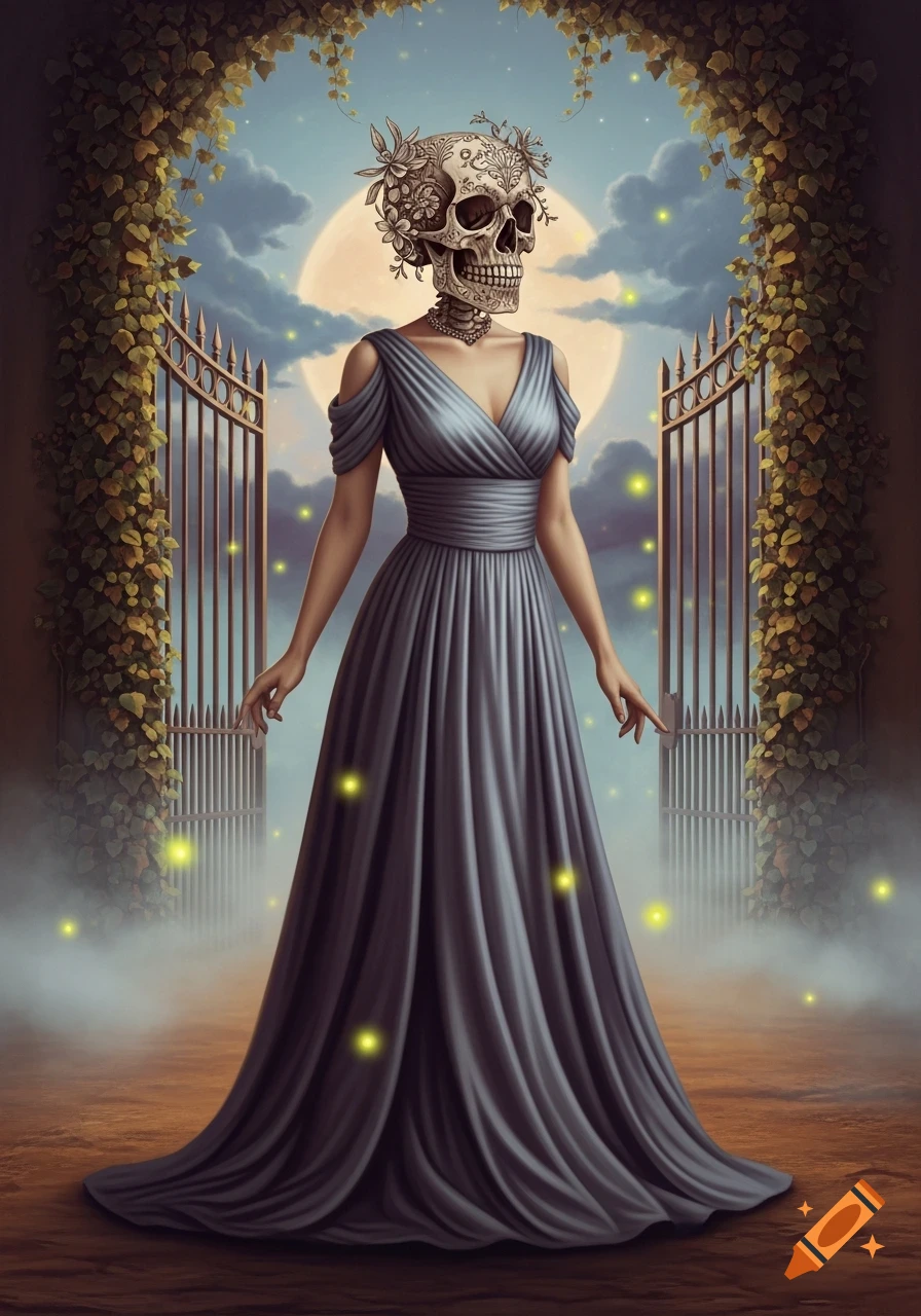 A decorative skull-headed woman in an elegant gray gown stands before ornate gates under a full moon in a fantasy setting.