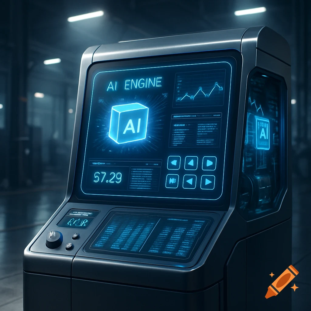 A futuristic industrial control panel with a glowing blue screen displaying 'AI ENGINE' and a 3D AI cube.