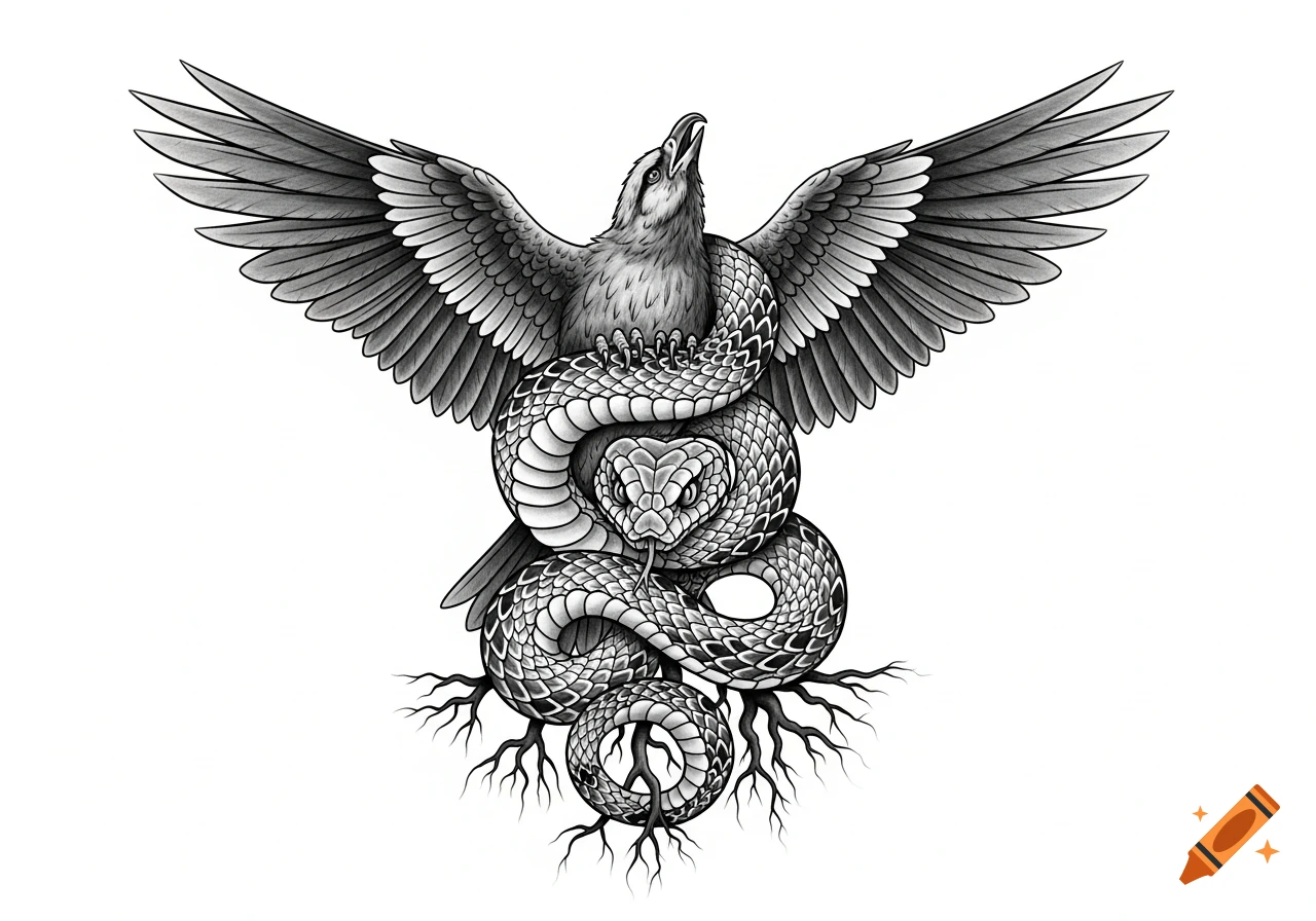 Black and white tattoo design of a bird with spread wings entangled by a coiled snake with roots.