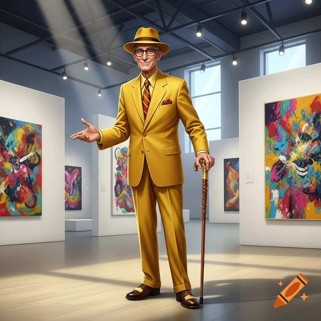 A distinguished older man in a mustard yellow suit and fedora stands in an art gallery, gesturing towards colorful abstract paintings.