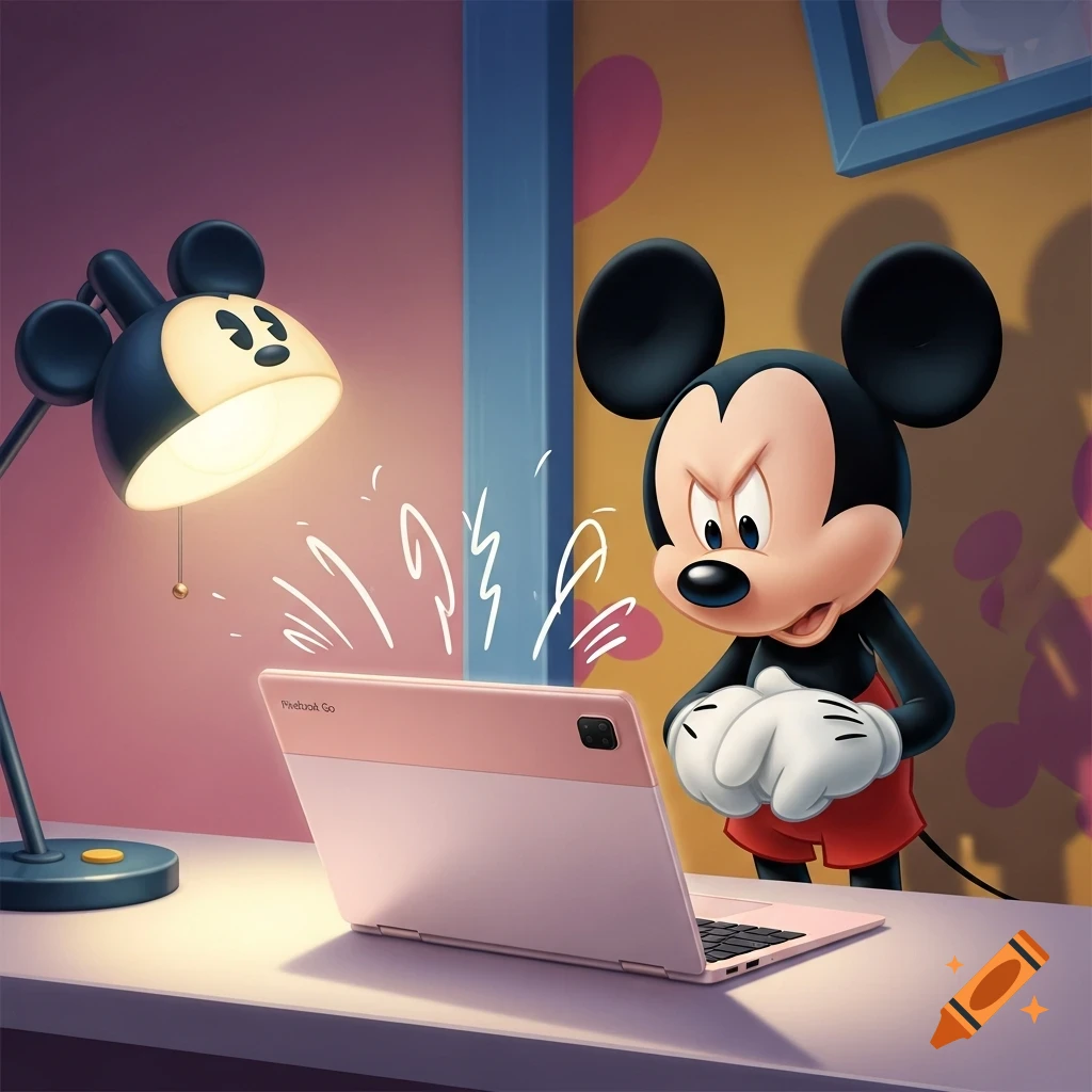 Mickey Mouse, looking angry, stands at a desk peering at a pink laptop, with a Mickey Mouse-shaped desk lamp beside it, in a cartoon style.