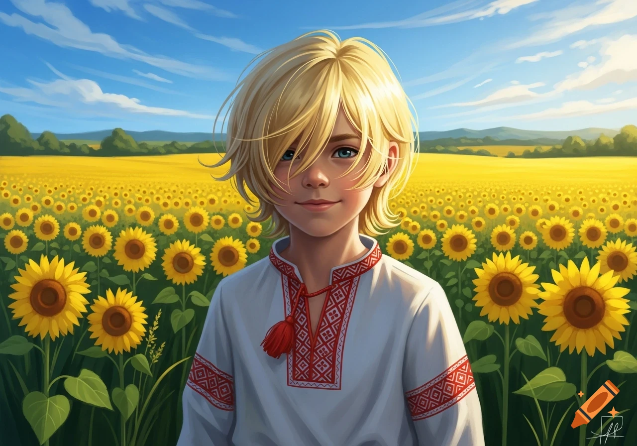 A blond boy in a white embroidered shirt stands in a vibrant field of yellow sunflowers under a blue sky, digital painting.