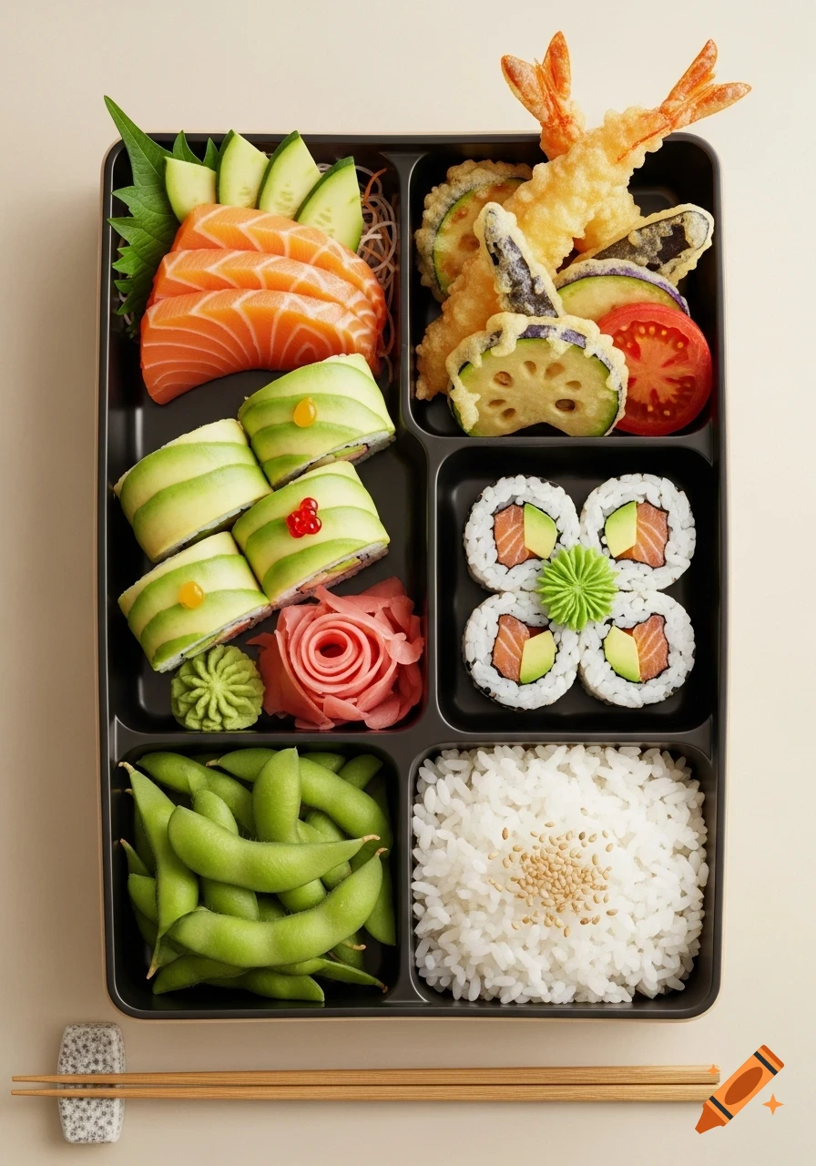 An overhead shot of a bento box filled with salmon sashimi, avocado rolls, tempura, sushi, edamame, and rice, with chopsticks on the side.