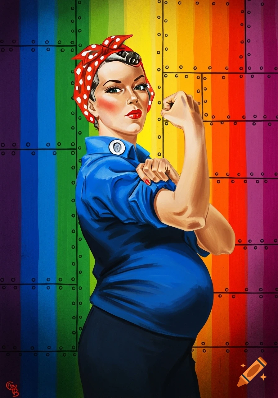 Illustration of a pregnant Rosie the Riveter flexing her arm confidently against a rainbow background.