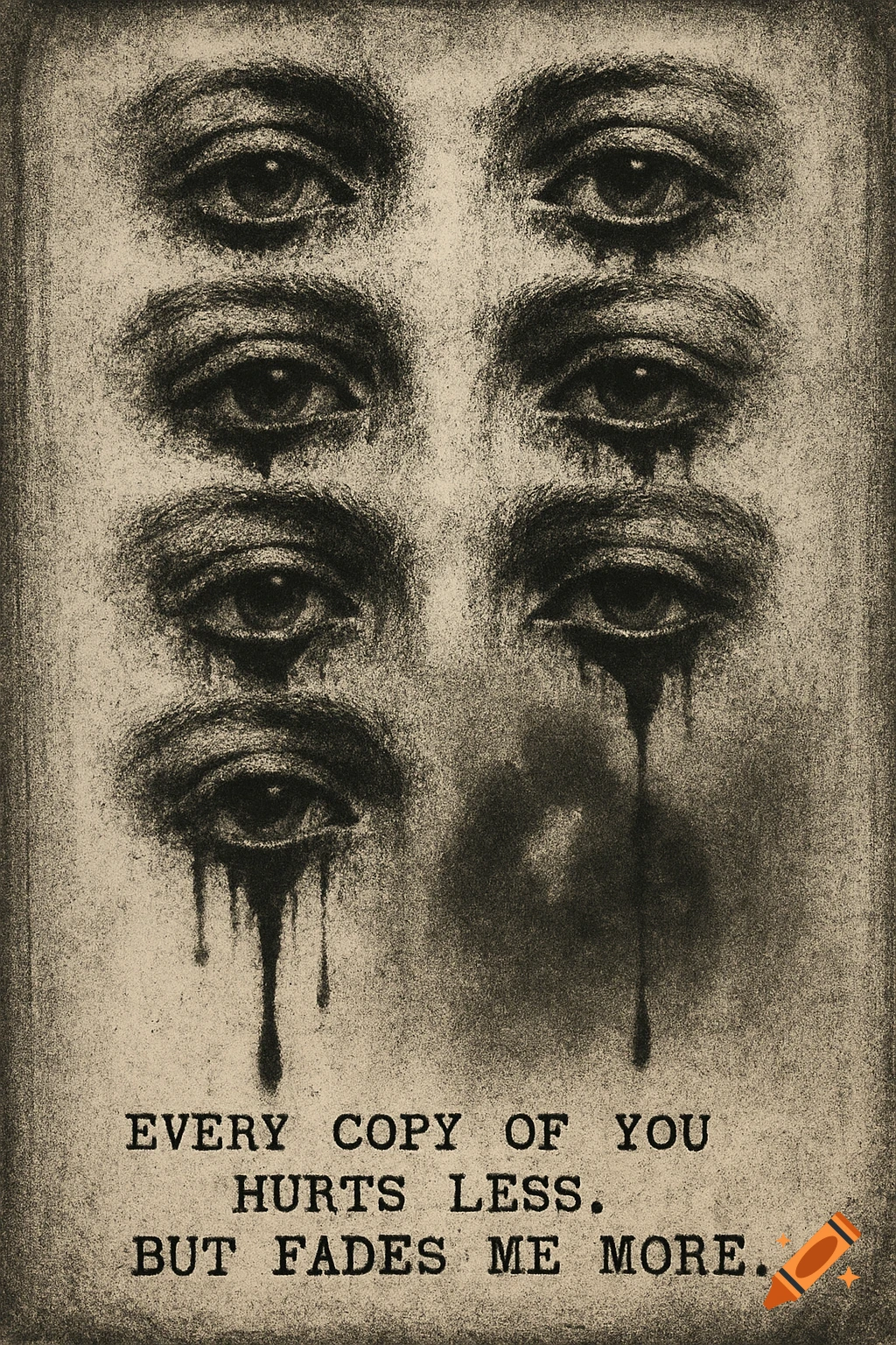 Xerox-style charcoal drawing of distressed, repeated human eyes, some with black tears, above melancholic text: 'Every copy of you hurts less, but fades me more.'