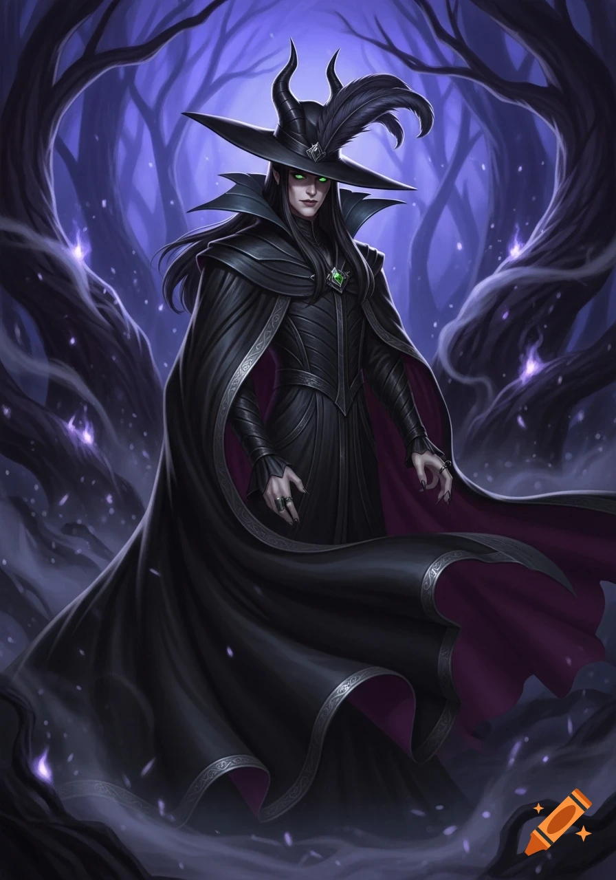 A malevolent sorcerer with green eyes, long dark hair, wearing a wide-brimmed hat with horns and feathers, and a flowing black cape in a dark, glowing purple forest.