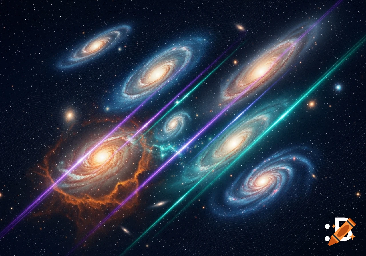 Multiple vibrant spiral galaxies and stars in deep space, with intersecting purple and cyan light beams. The text ':B' is in the corner.
