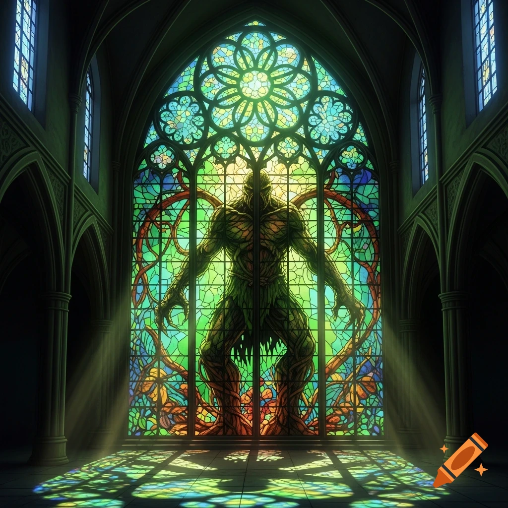A humanoid plant creature depicted in a vibrant stained glass window of a gothic church, casting colorful light patterns on the floor.