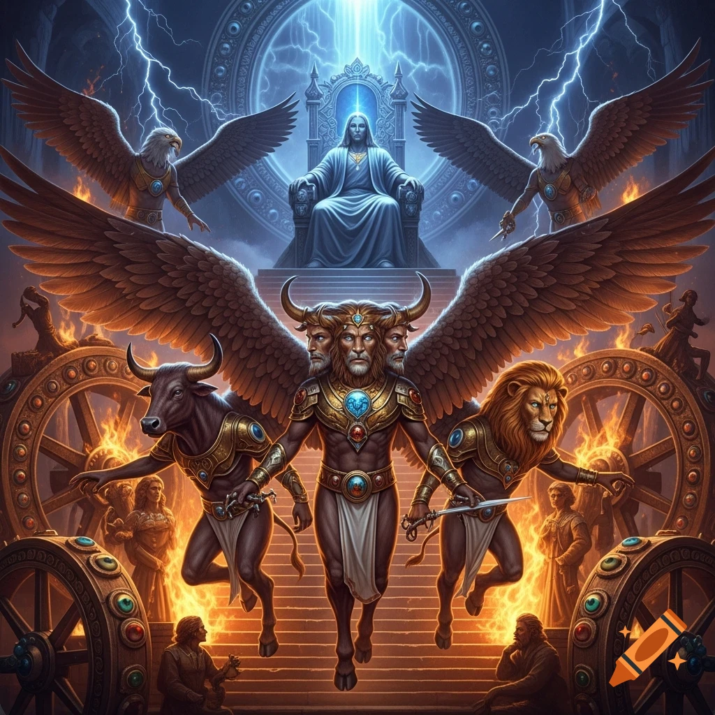 A visionary biblical scene depicting four-faced cherubim, winged eagles, a bull, and a lion on steps, with intersecting wheels covered in eyes amid flames. Above, a glowing human-like presence sits on a sapphire throne with lightning in the background. Dramatic lighting and metallic bronze and deep blue palette.