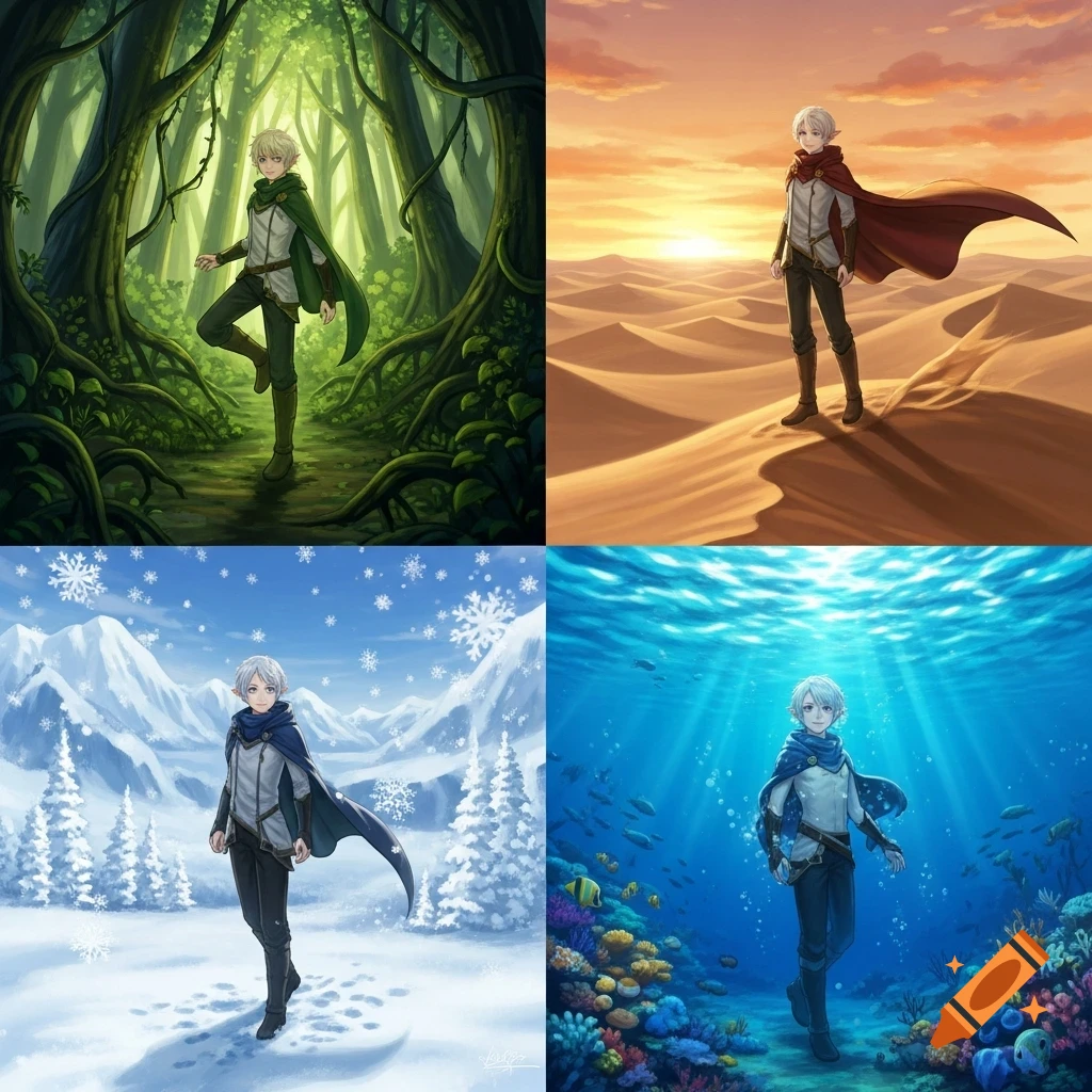 Anime elf boy in a quadtych, depicted in a lush forest, a sunset desert, snowy mountains, and an underwater coral reef.