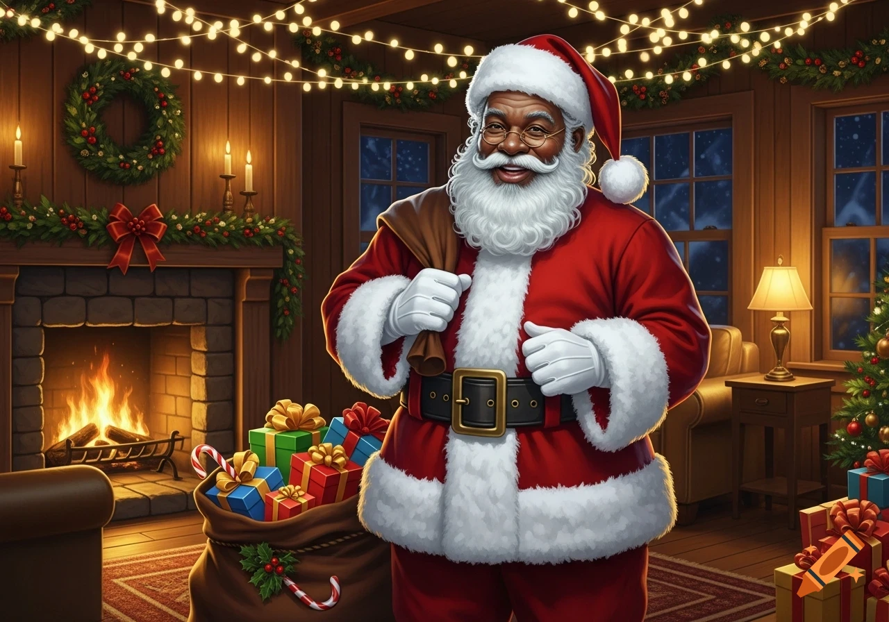 Smiling Black Santa Claus holds a sack of gifts in a cozy living room with a fireplace, Christmas lights, and a decorated tree.
