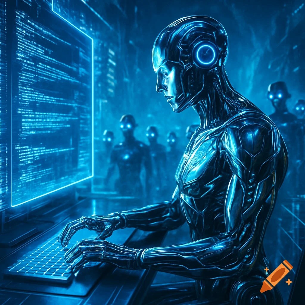 A metallic, humanoid robot with glowing blue accents types on a ...