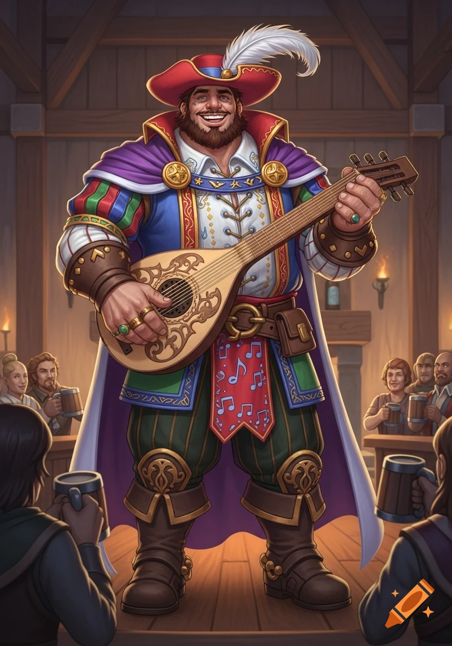 A cheerful, burly bard in a colorful, ornate costume plays a lute on a tavern stage for an appreciative audience.