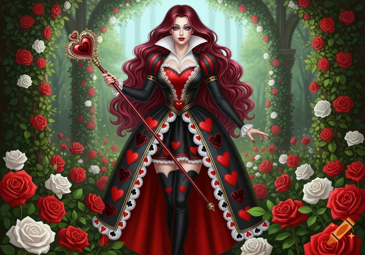 A beautiful Queen of Hearts with long red hair, wearing a black and red heart-patterned dress and tall boots, holding a heart scepter in a rose garden.