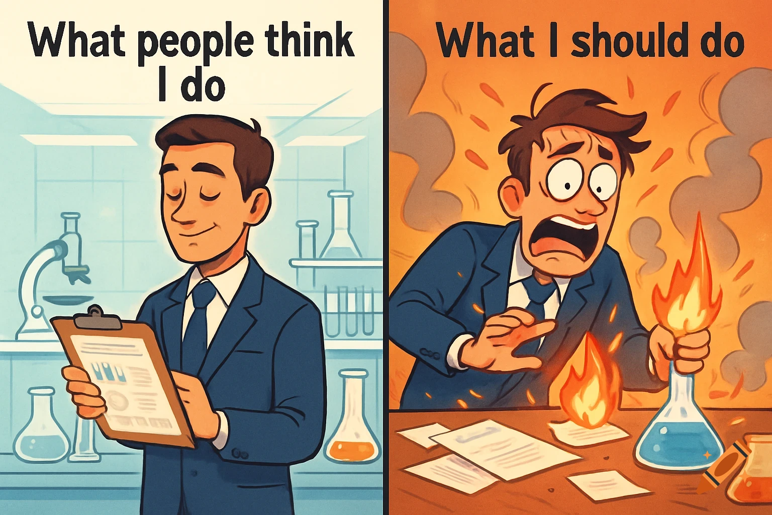 A two-panel cartoon meme. Left: Calm man in a lab, 'What people think I do'. Right: Stressed man setting fire to a lab, 'What I should do'.