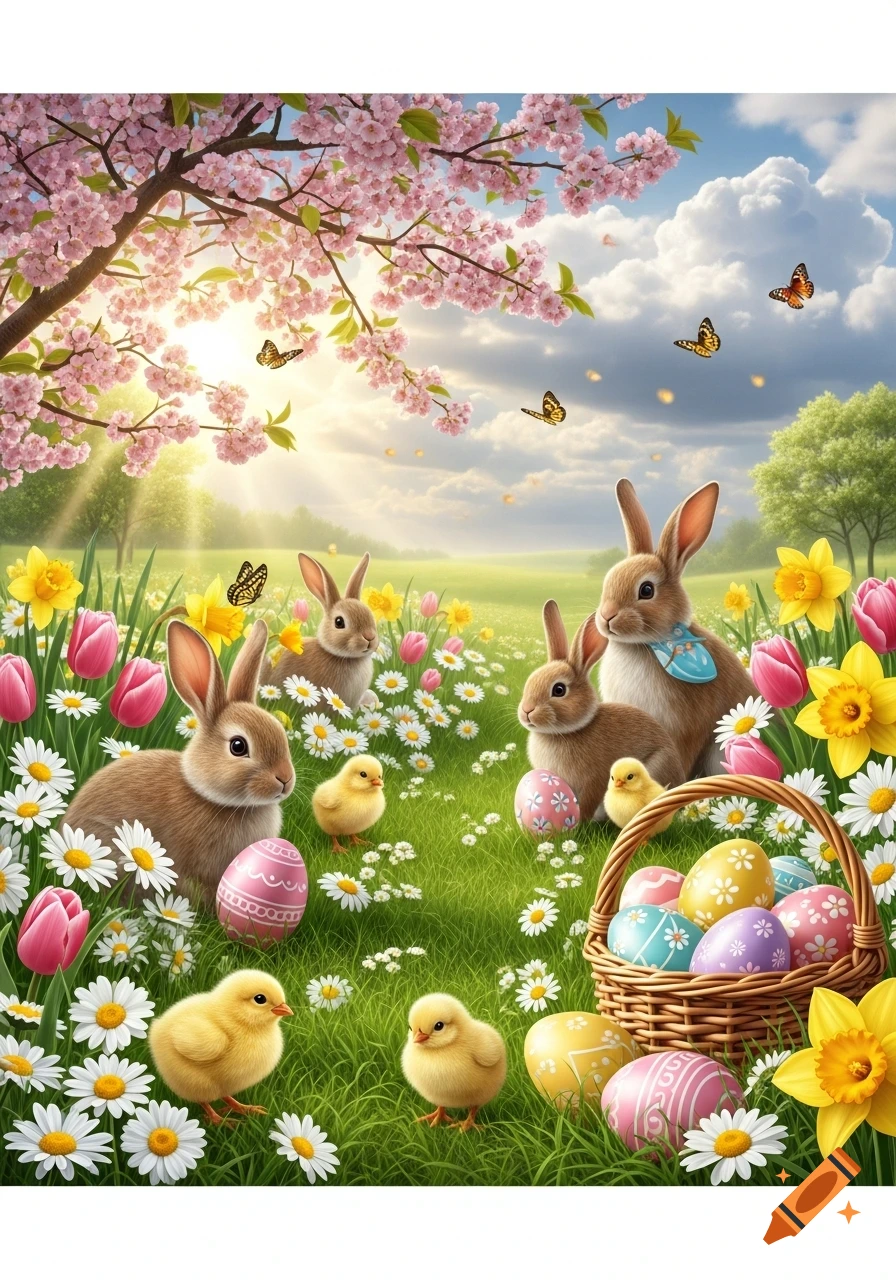 Three bunnies and four chicks in a sunny spring field with Easter eggs, tulips, daffodils, daisies, and a cherry blossom tree.