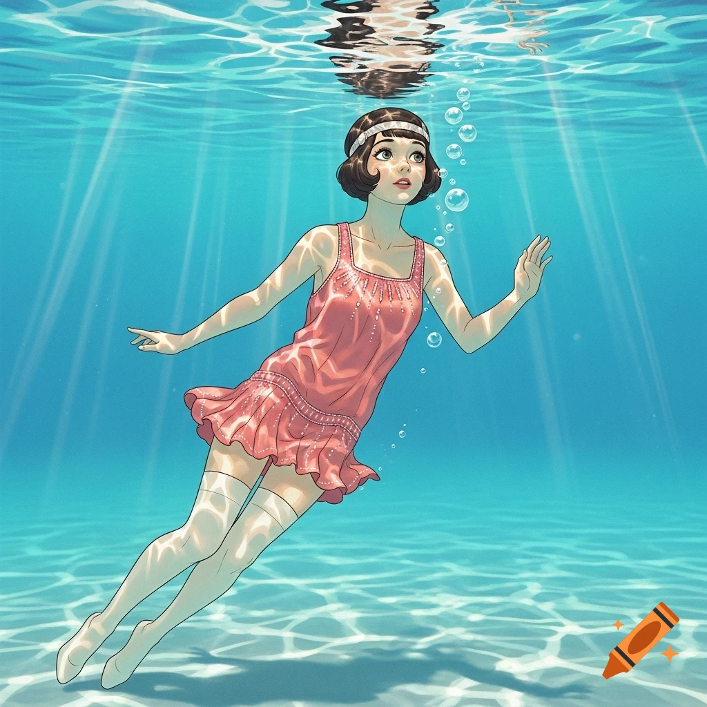 An illustrated 1920s flapper girl in a pink dress and stockings swims gracefully underwater in a blue pool with light rays.