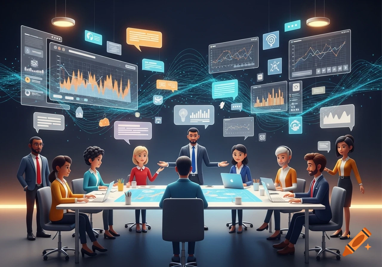 A cartoon illustration of diverse business people in a meeting room, surrounded by floating screens with data and chat bubbles, depicting online collaboration.