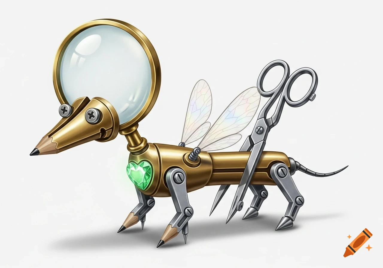 A cute mechanical creature resembling a dachshund, made of brass and steel with a magnifying glass head, pencil legs, insect wings, and a glowing emerald heart.