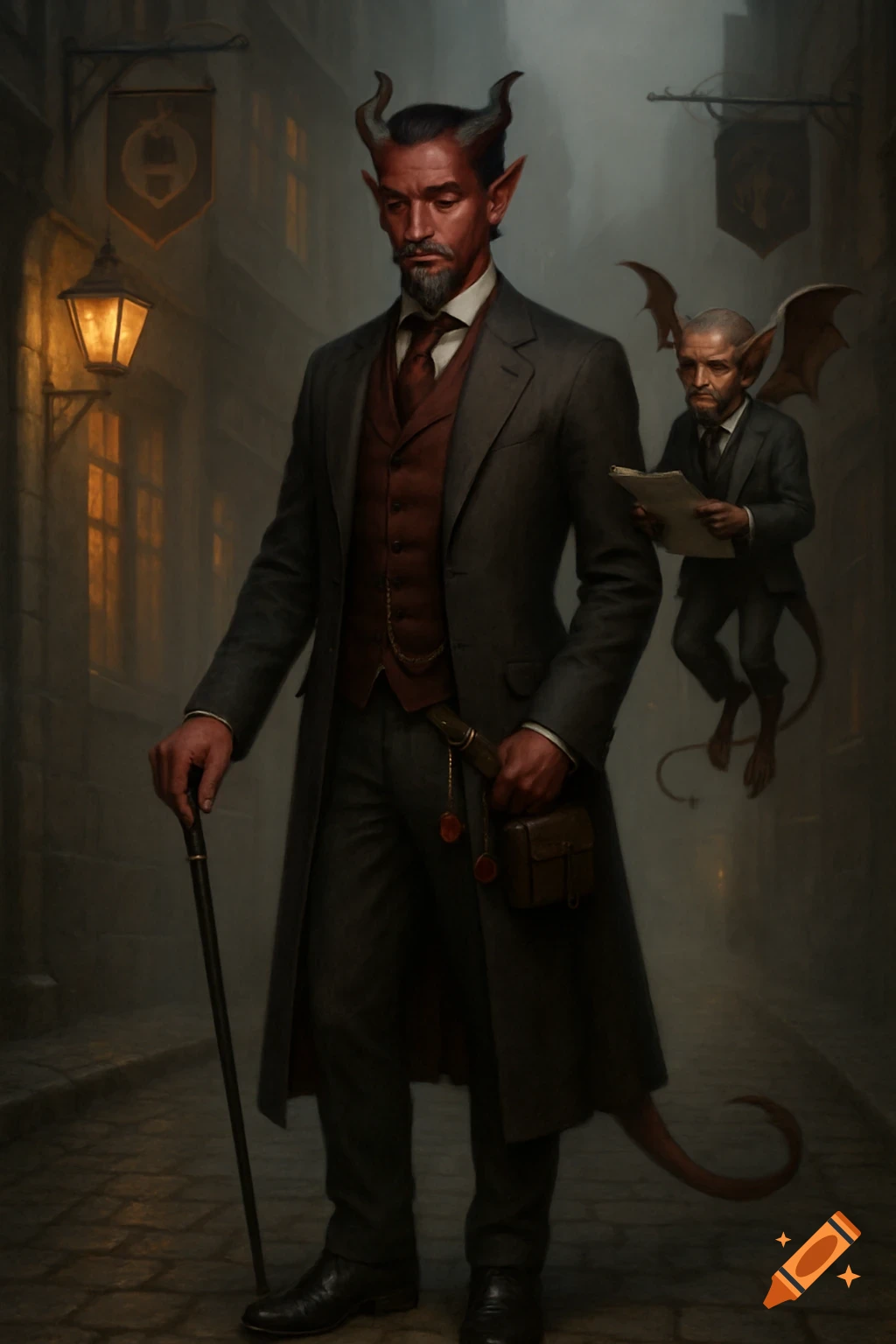A dark fantasy image of a tiefling man in 19th-century attire with a cane, an imp familiar nearby, on a foggy, gaslit street.