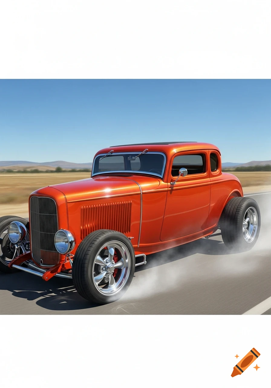 Glossy orange 1932-1934 Ford hot rod with chrome wheels speeding on a sunny road, tire smoke trailing.