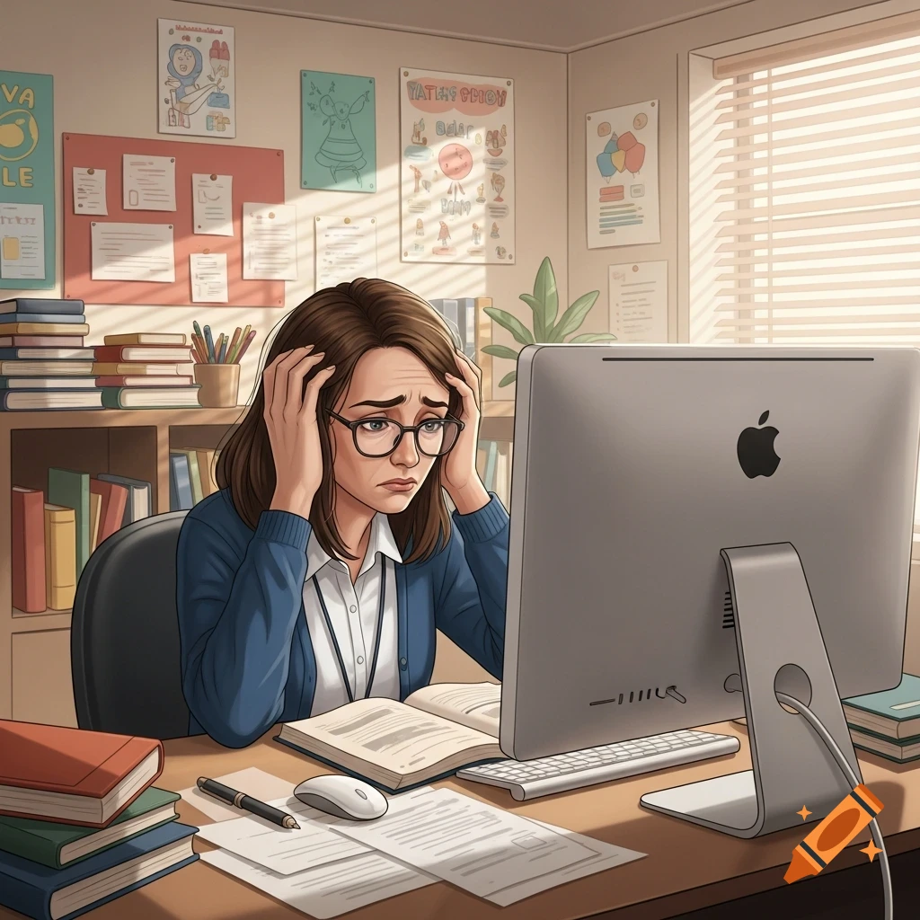 A cartoon-style illustration of a stressed female teacher in glasses, holding her head in her hands while sitting at a desk with a computer and books.