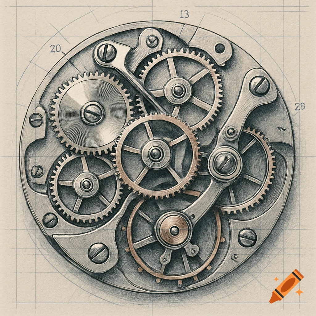 Detailed technical drawing of intricate metal watch gears and cogs on a grid paper background with faint numbers.