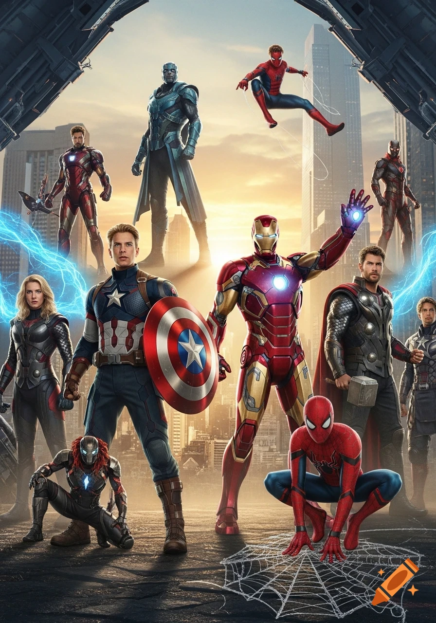 Many Marvel superheroes including Captain America, Iron Man, Thor, and Spider-Man stand together in a city at sunset.