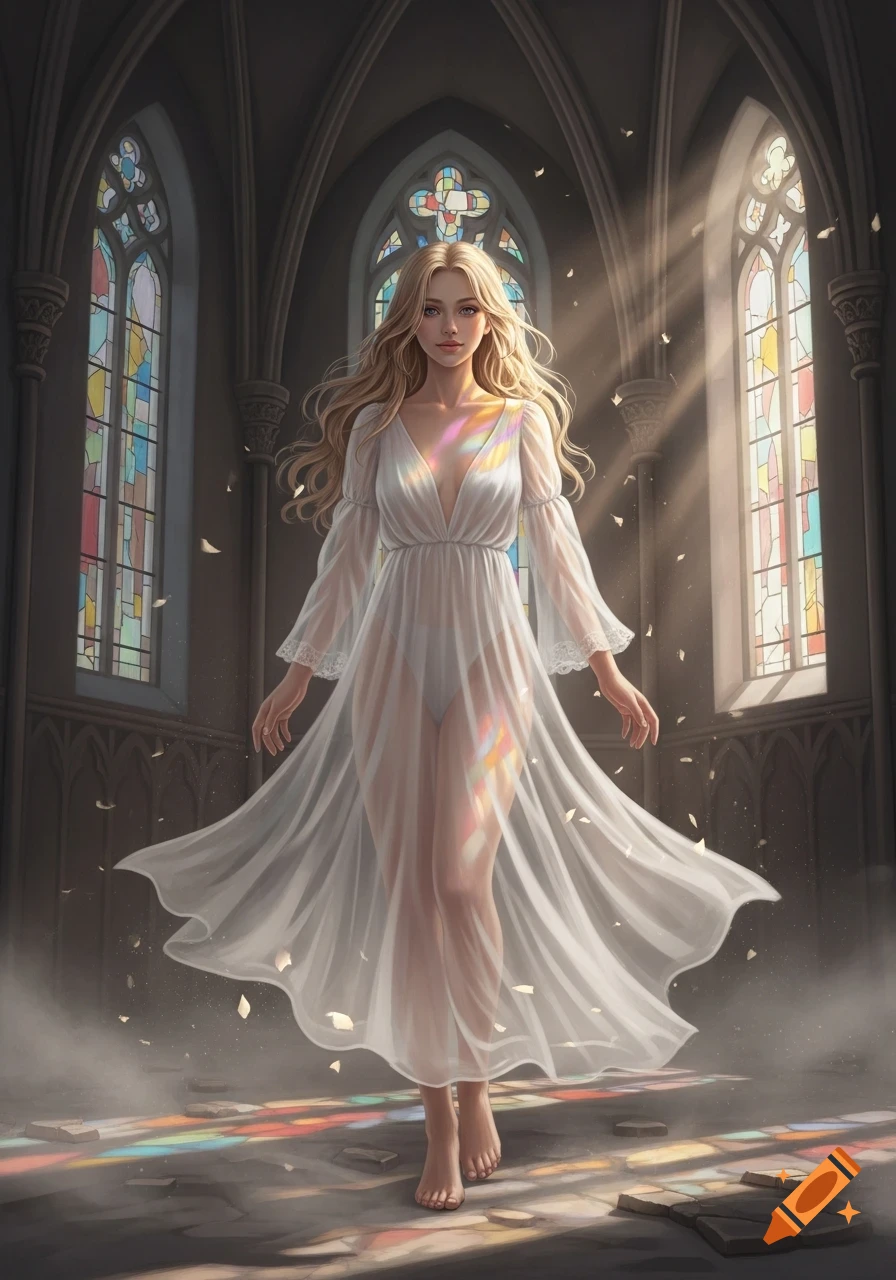 Blonde woman in sheer white gown stands barefoot in a gothic church, lit by colorful stained glass, digital art.