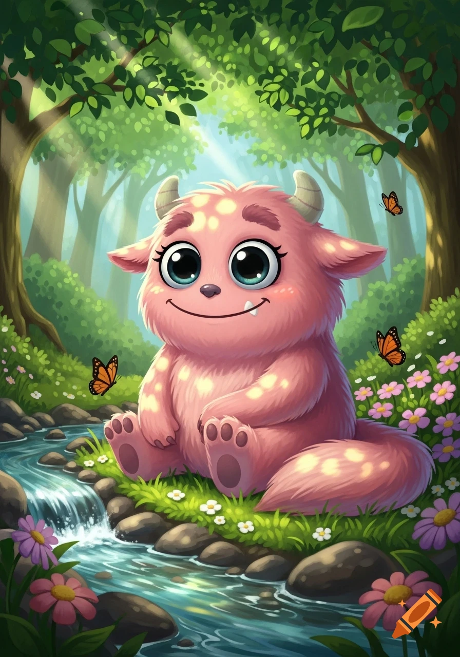 Cute pink furry monster with big eyes and horns sits by a river in a sunlit forest, surrounded by flowers and butterflies, cartoon style.
