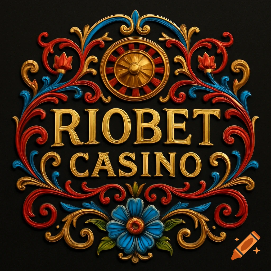 Decorative gold, red, and blue Fileteado art style logo for RIOBET CASINO, with a roulette wheel and ornate floral scrolls.
