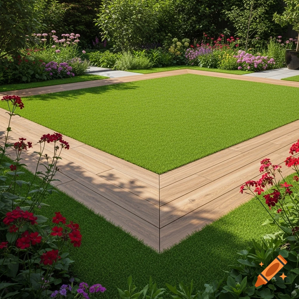 A meticulously designed outdoor garden featuring a square of bright artificial grass bordered by modern wooden-like tiles and vibrant flowers.