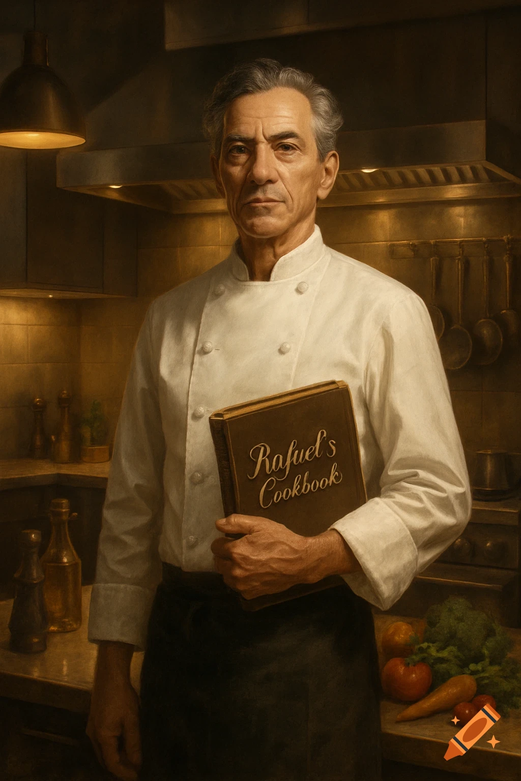 A serious male chef in a white uniform holds a cookbook titled 'Rafael's Cookbook' in a dimly lit kitchen, in a painterly style.