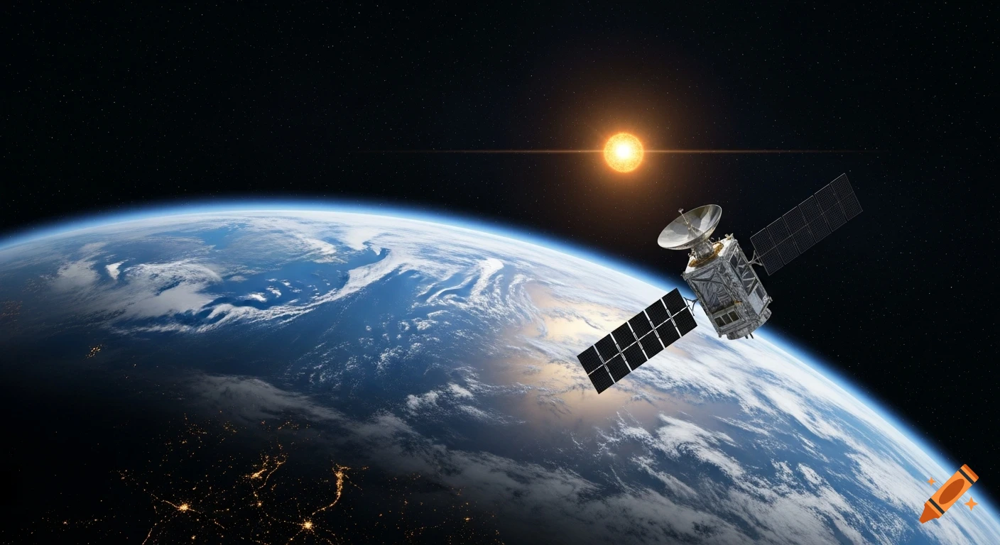 A satellite orbits Earth, illuminated by a distant sun, against a starry black space.