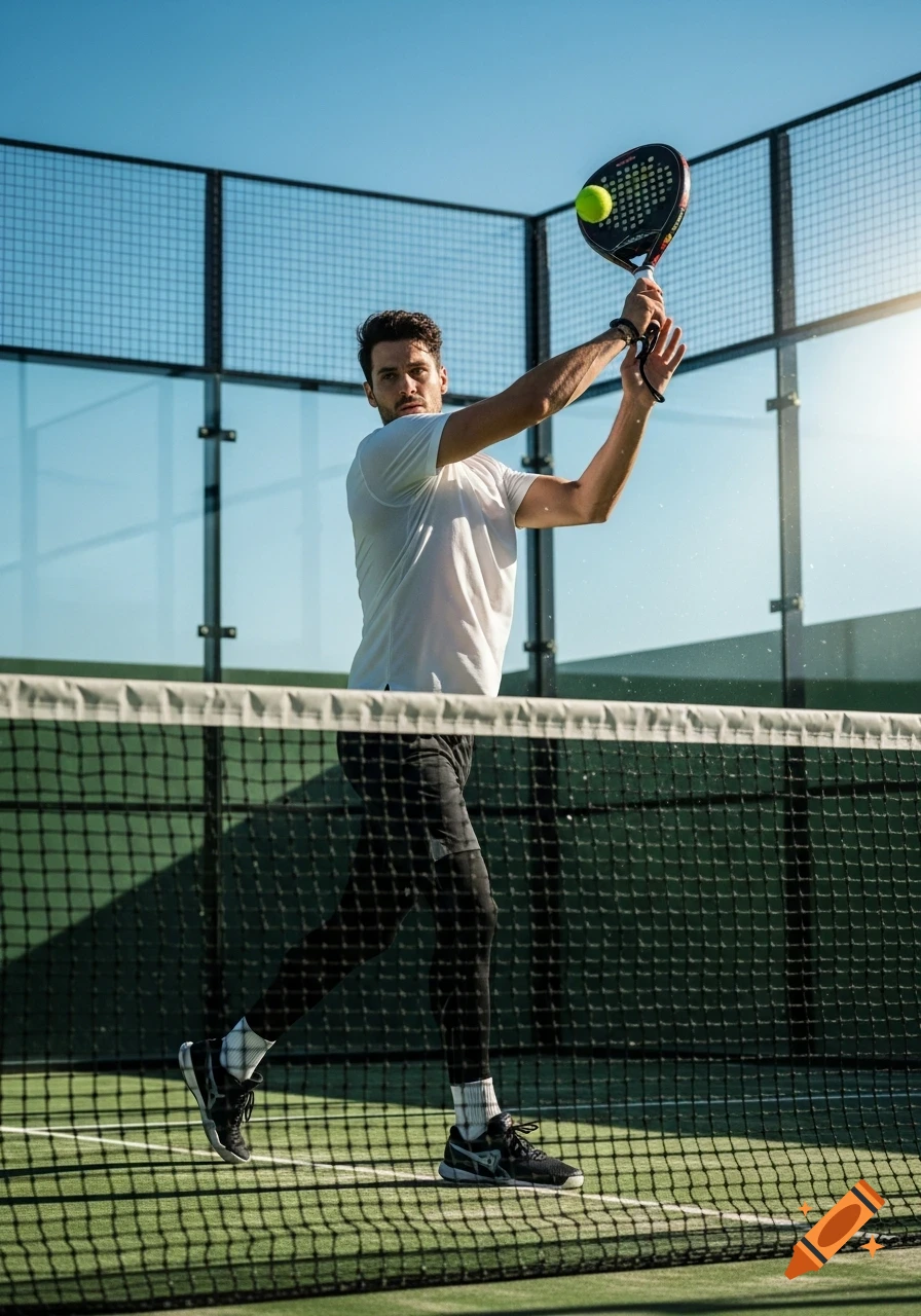 A man in athletic wear plays padel on an outdoor court, holding a racket and hitting a ball.