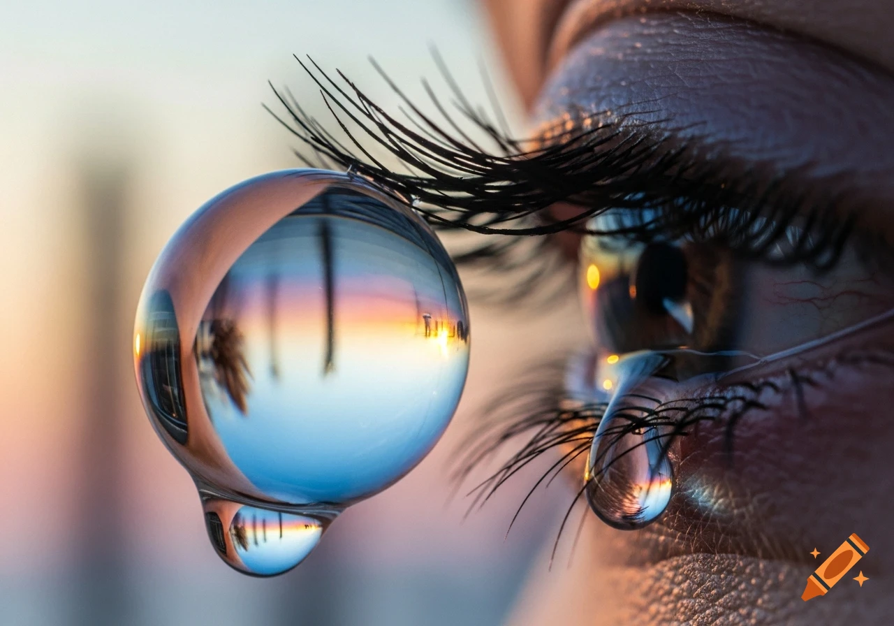 Close-up macro photograph of an eye with a large, spherical tear reflecting a sunset scene, and another tear on the lash line.