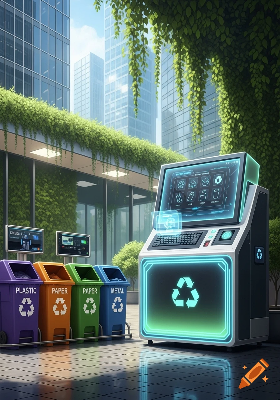 A futuristic recycling station in an urban setting with smart bins and a glowing digital interface, surrounded by green-covered buildings.