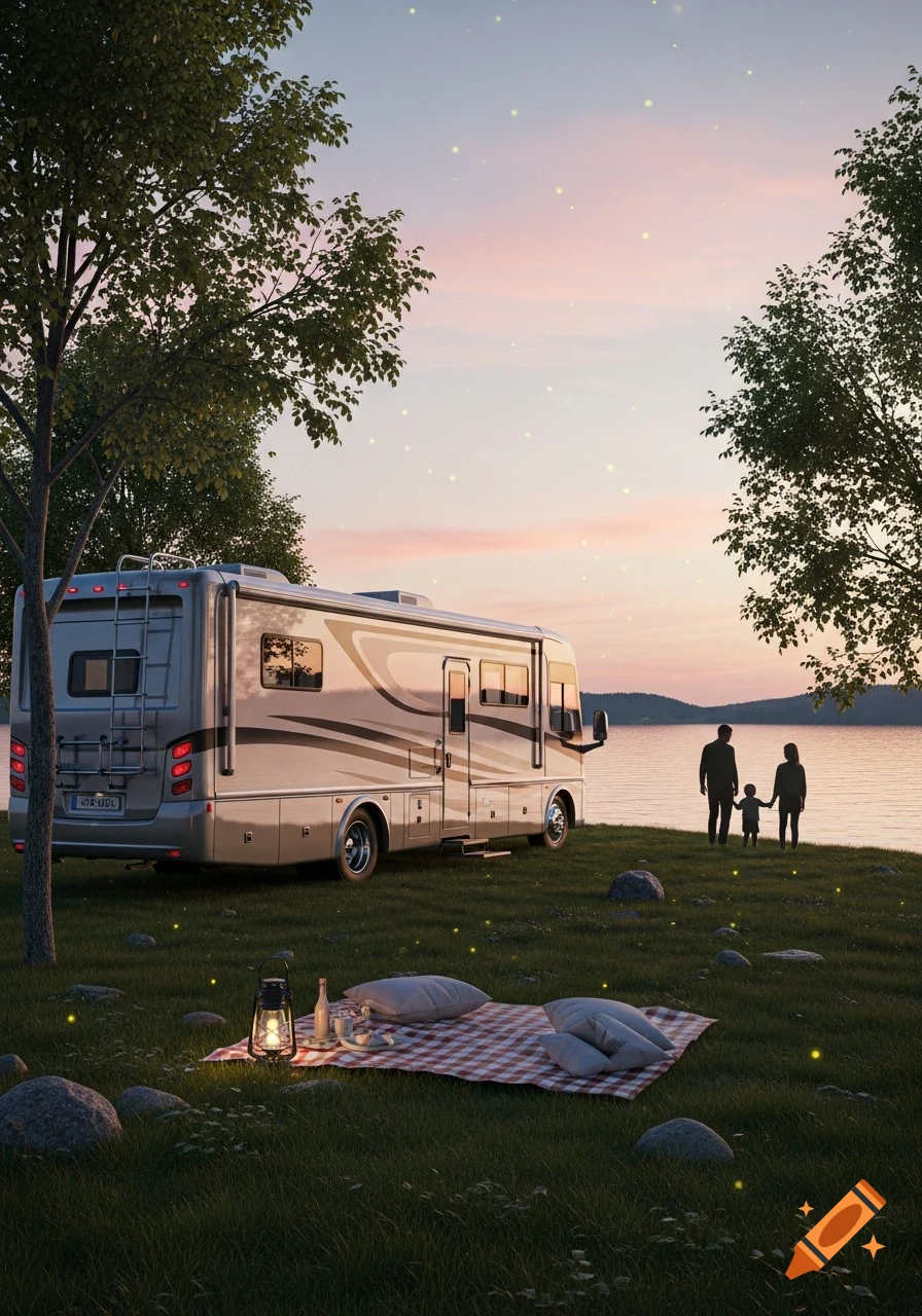 A family stands by a lake at sunset next to an RV and picnic blanket, with fireflies glowing around them.