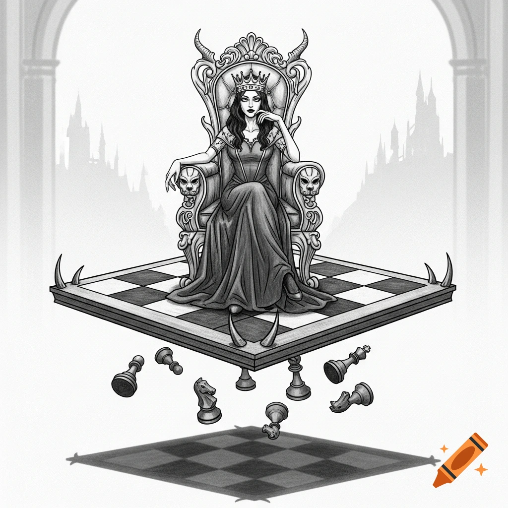 A monochrome pencil sketch shows a dark queen on an ornate, skull-decorated throne above a floating chessboard with scattered pieces.