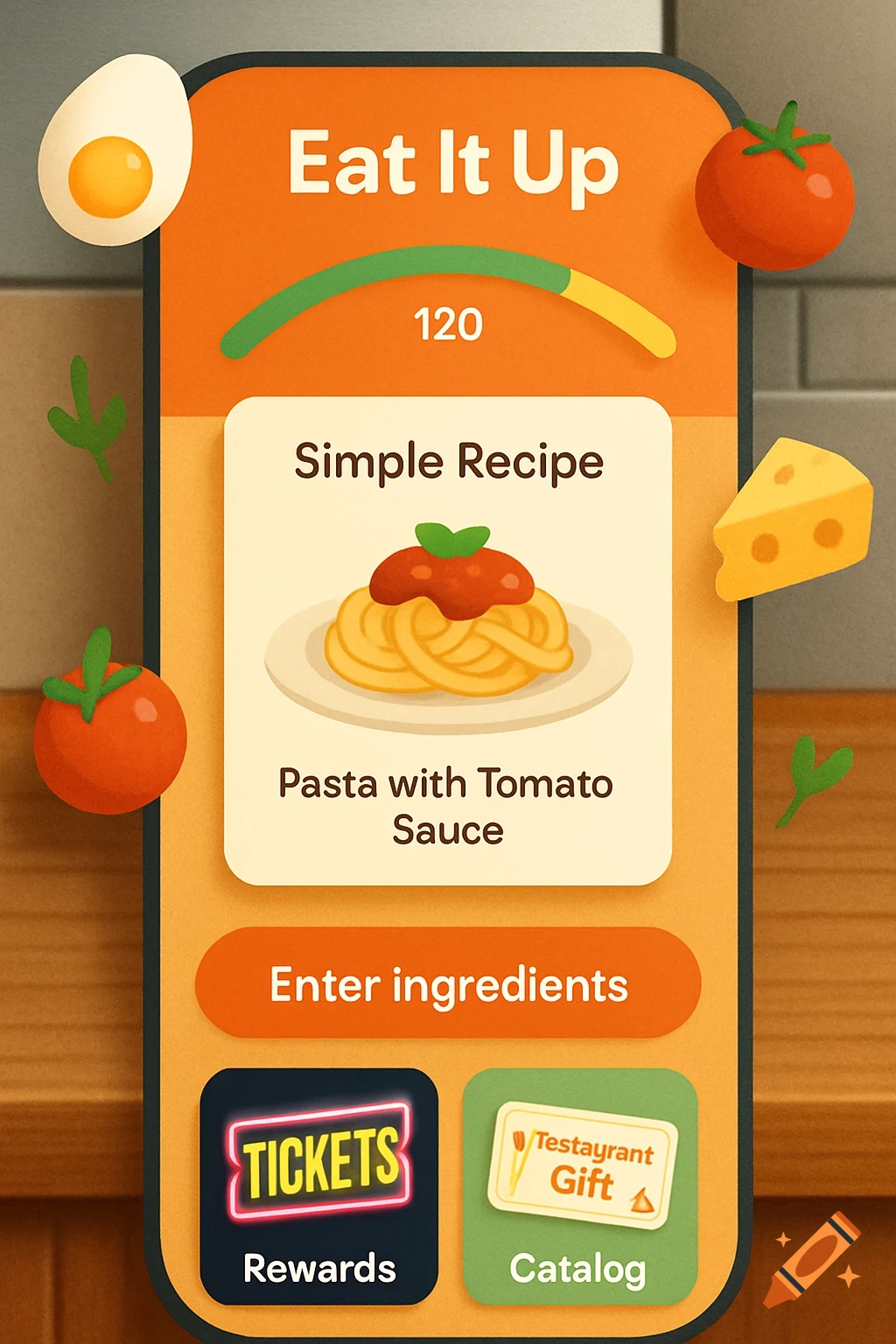 A colorful mobile app interface for 'Eat It Up', displaying a pasta dish, points, an 'Enter ingredients' button, and reward options like 'Tickets' and 'Testaurant Gift'.