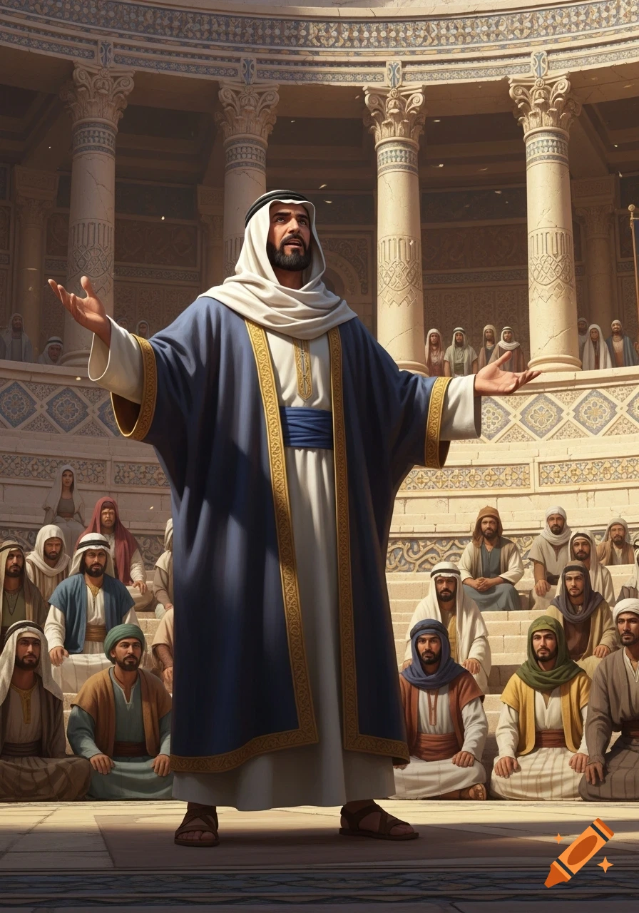 A man in a white head covering and blue robe speaks to a large seated crowd in a grand, columned hall, photorealistic style.