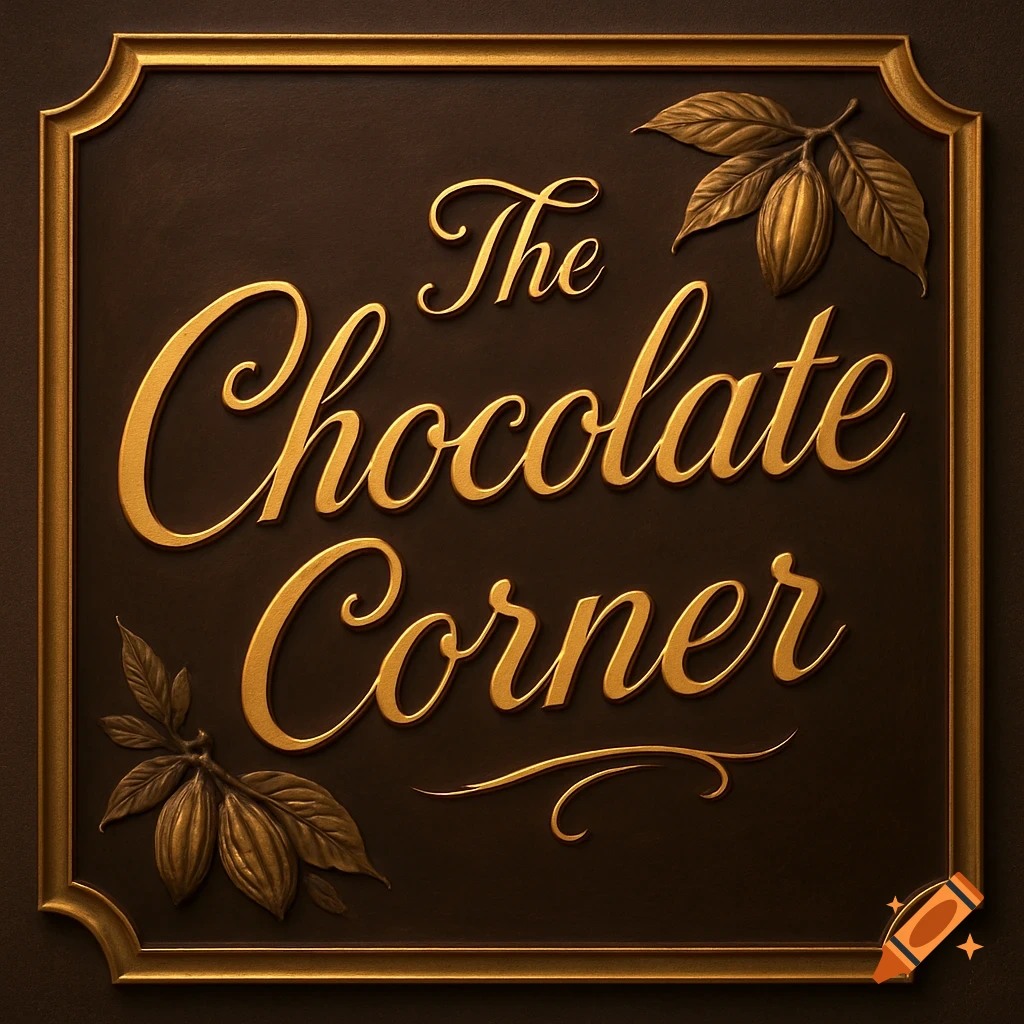 A stylish, embossed gold and brown sign for 'The Chocolate Corner' with cocoa pod accents.