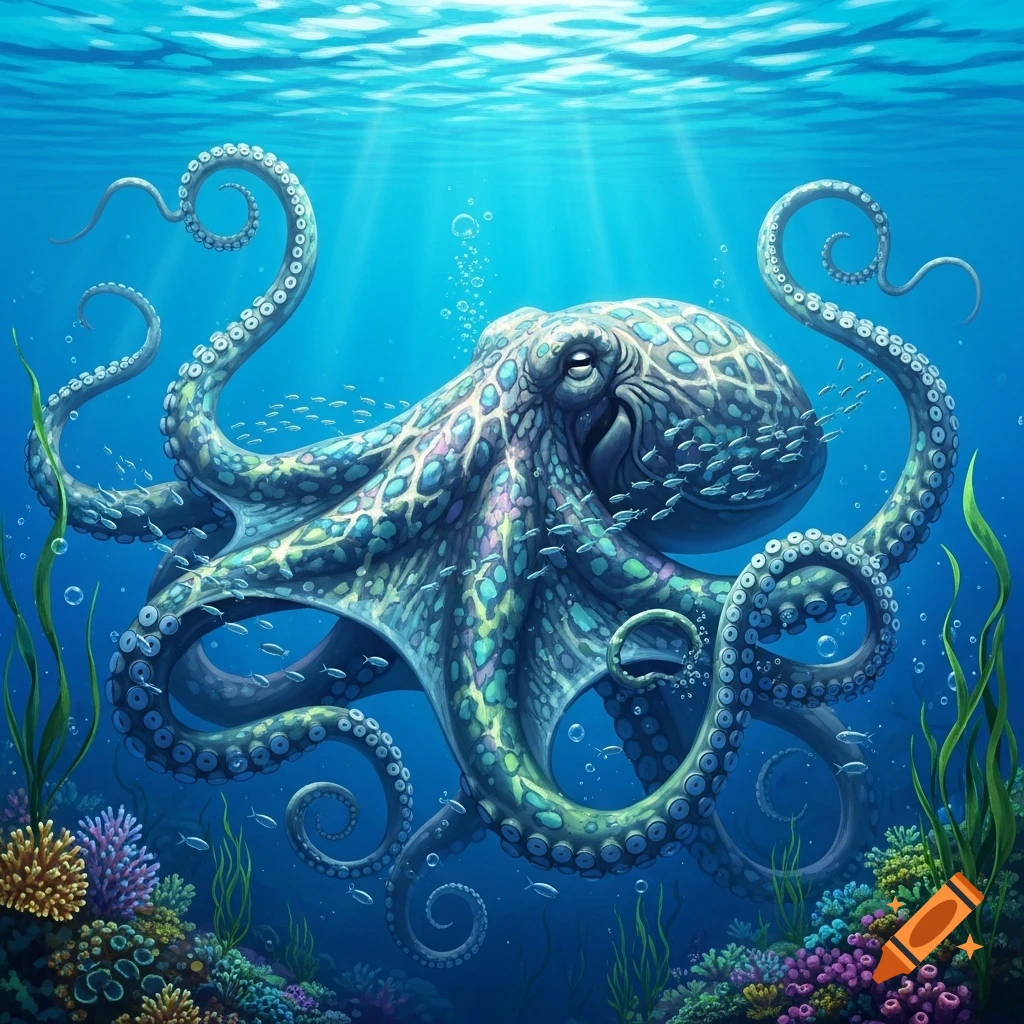 A large, vibrant blue and green octopus swims in a coral reef among small fish, with sun rays piercing the clear blue water.